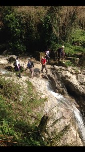 Sheila leading the way over a waterfall just before she stripped off to her long johns