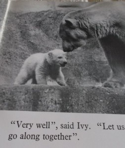 A page from the Brumas book showing real photos of Brumas and her mother Ivy in Regents Park Zoo