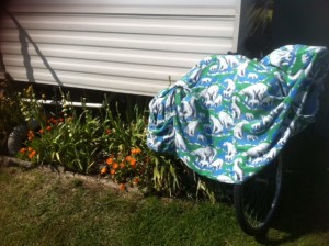 My polar bear jacket drying off at the caravan after the recent U3A swim