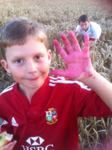 Ivor, caught red-handed, scrumping apples in orchards near Sheila and Stewart's house