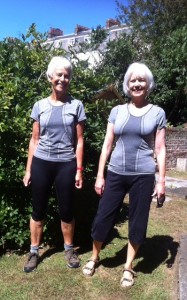 Sheila and Pat in their identical Aldi t-shirts outside pilates