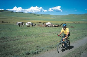 Cycling in Mongolia with Exodus - gers in the background