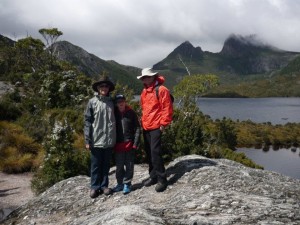 Oscar and Sheila with our friend Phil on the Dove Lake Walk with Cradle Mountain in the background.  Look how small Oscar was!